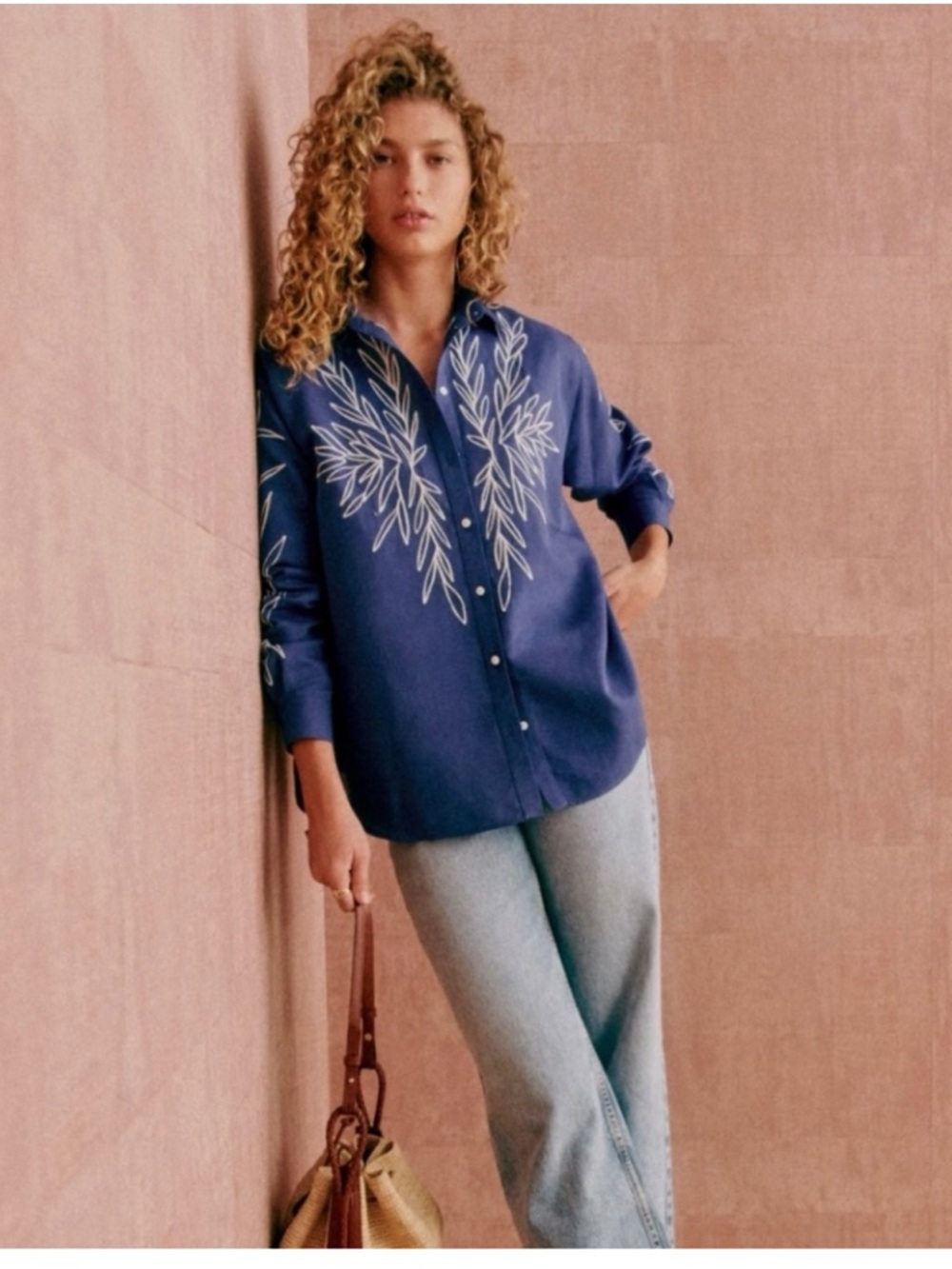 Sezane x Roberto Ruspoli NWT SZ 4 Maxy Shirt Rich Navy Blue w/Ecru Embroidery 🇫🇷